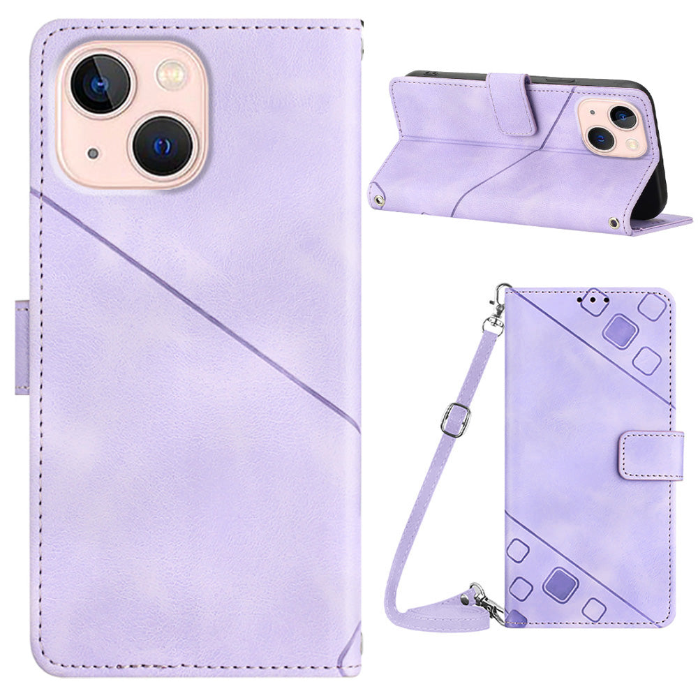 PT005 YB Imprinting Series-7 for iPhone 13 Stand Phone Leather Case Imprinted Lines Wallet Cover with Shoulder Strap PT005 YB Imprinting Series-7 for iPhone 13 Stand Phone Leather Case Imprinted Lines Wallet Cover with Shoulder Strap